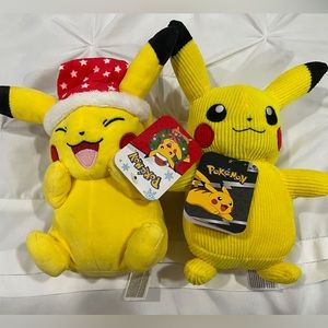 New  2 Pokemon  Pikachus Plush One Christmas Holiday Red Hat And RegularPikachu